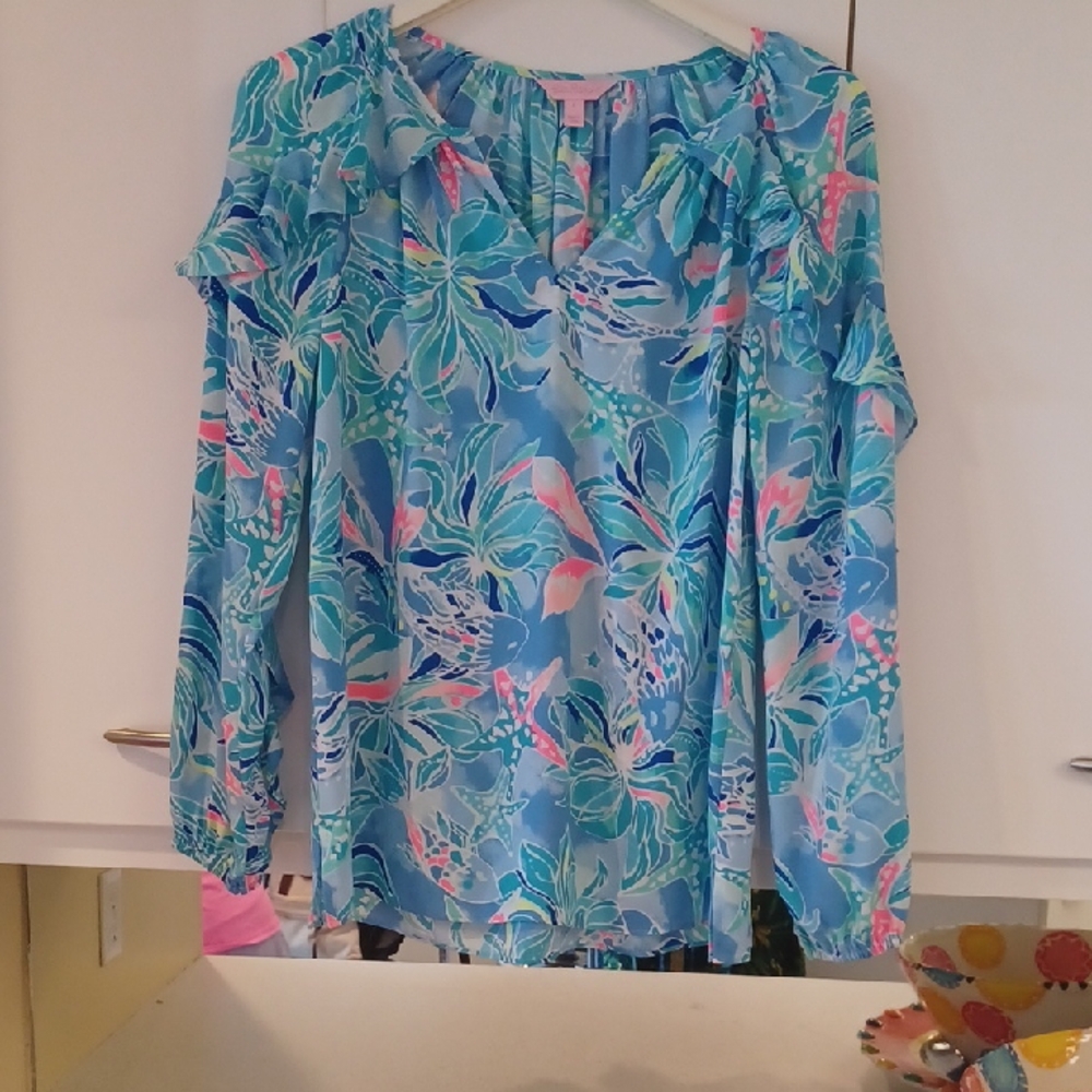 Lilly Pulitzer Blue Ruffled Long Sleeve Blouse
